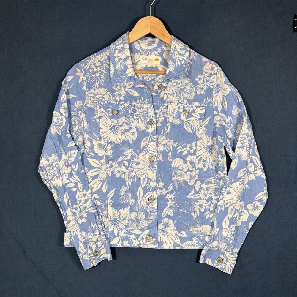 C&C California Linen Jacket Womens Med Blue Floral Beachy Button Up 100% Linen